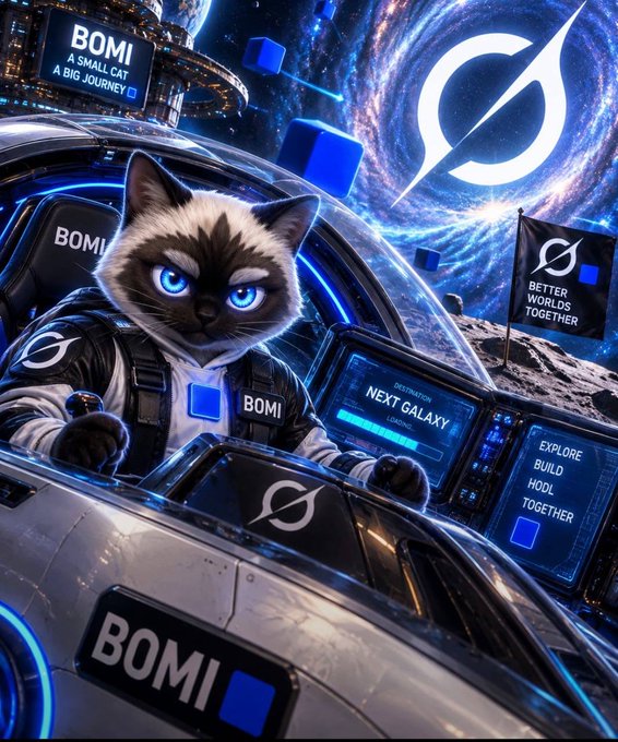 A digital artwork of a Siamese-like cat in an astronaut suit sitting in a spaceship cockpit, with 'BOMI' and 'A SMALL CAT A BIG JOURNEY' labels and a banner reading 'BETTER WORLDS TOGETHER'.