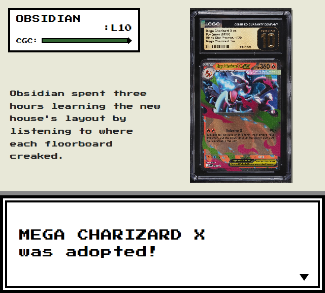 A screenshot of a Pokémon video game showing 'OBSIDIAN: L10' and a CGC graded Mega Charizard X ex card, with text reading 'MEGA CHARIZARD X was adopted!' and a note about learning a house's layout by floorboard creaks.