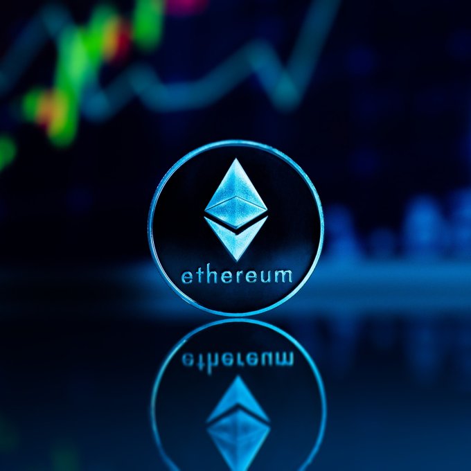 A glowing Ethereum (ETH) coin logo with the word "ethereum" displayed beneath, set against a blurred background of trading charts with its reflection mirrored below, illustrating the context of a major ETH whale sale worth approximately $408 million.