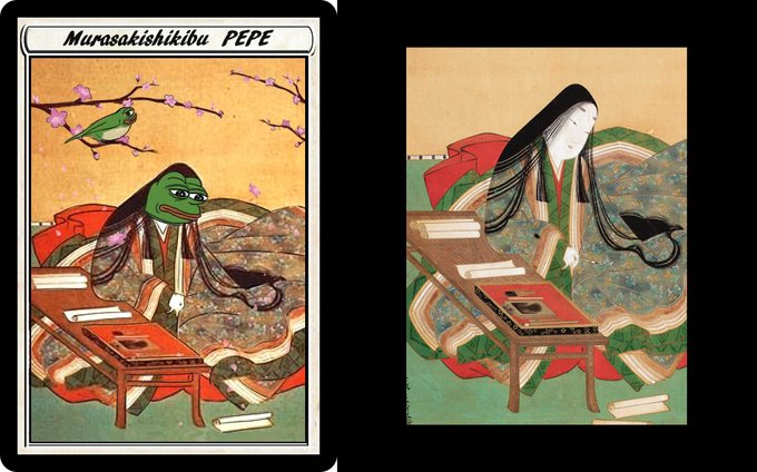 A side-by-side comparison showing a classical Japanese painting of a noblewoman writing at a low table on the right, and a meme edit labeled 'Murasakishikibu PEPE' on the left, replacing the woman with the green Pepe the Frog character.