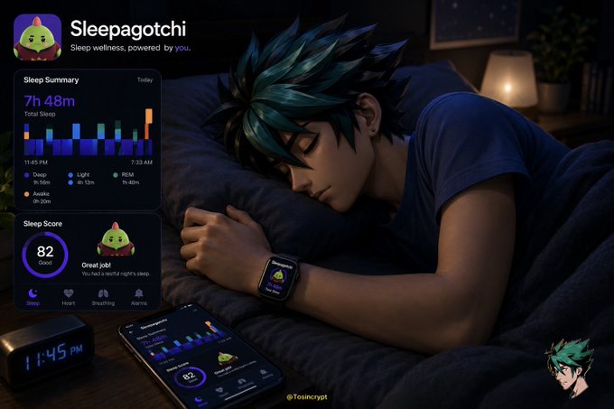 The image features a man sleeping with his eyes closed, wearing a watch that tracks his sleep patterns. The watch displays various data points such as the number of hours slept, sleep cycles, and even the time spent in different sleep stages. This information is displayed on an app called @sleepagotchi, which has been turned into a game where players can earn points by answering questions correctly about their sleep habits.

The post discussing this topic suggests that spending more time sleeping could be beneficial for one's overall well-being and productivity. It encourages users to prioritize sleep as a valuable asset in their daily lives. The image also includes an apple logo, which might indicate the presence of a gaming element related to the app or game.