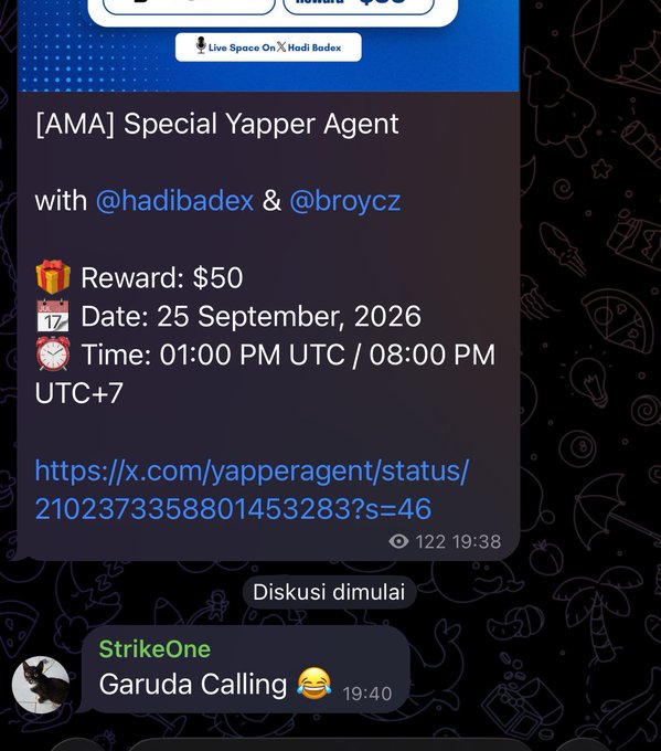 A Telegram post announces an [AMA] Special Yapper Agent session with @hadibadex & @broycz, offering a $50 reward on September 25, 2026, at 01:00 PM UTC / 08:00 PM UTC+7.