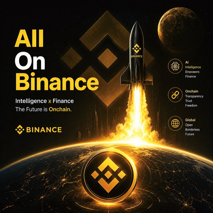 A promotional graphic for Binance titled 'All On Binance' with the tagline 'Intelligence x Finance, The Future is Onchain,' depicting a rocket launch and listing features like AI Intelligence, Onchain, and Global.