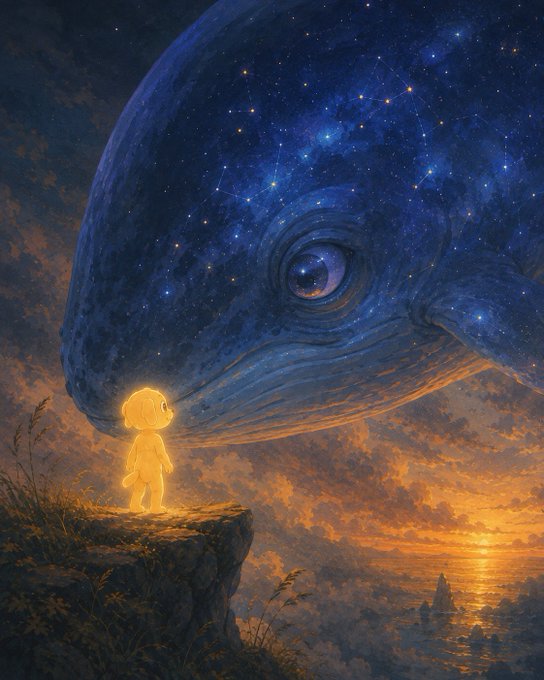 A fantasy digital artwork showing a small glowing yellow figure standing on a cliff, facing a massive cosmic whale made of stars and galaxies above an ocean sunset.