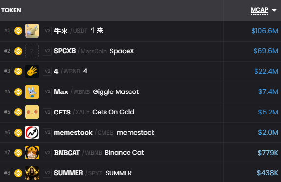 A dark-themed leaderboard displays cryptocurrency tokens ranked by market cap, with 牛来/USDT (牛来) leading at $106.6M, followed by SPCXB/MarsCoin (SpaceX) at $69.6M, 4/WBNB (4) at $22.4M, Max/WBNB (Giggle Mascot) at $7.4M, CETS/XAU (Cets On Gold) at $5.2M, memestock/GMEB (memestock) at $2.0M, BNBCAT/WBNB (Binance Cat) at $779K, and SUMMER/SPYB (SUMMER) at $438K.