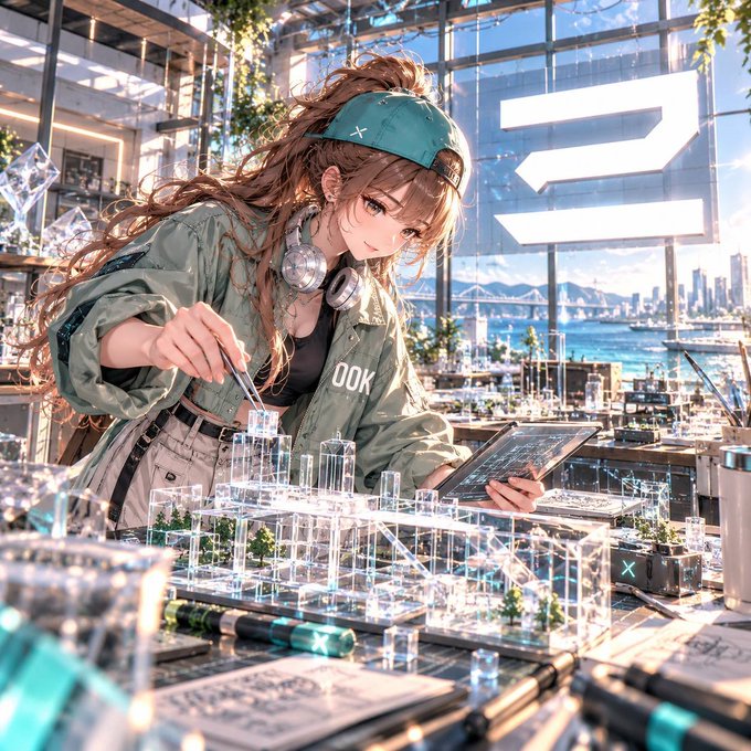 An anime-style illustration of a young woman with headphones and a green cap working on holographic architectural models in a bright modern studio with large windows overlooking a coastal city.