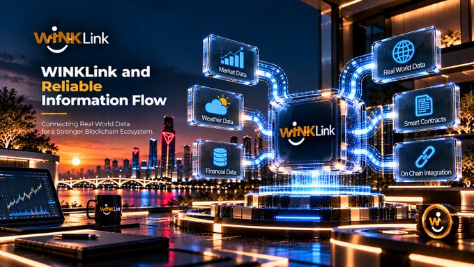Promotional graphic for WinKLink featuring 'Reliable Information Flow' with a hub connecting Market Data, Weather Data, Financial Data, Real World Data, Smart Contracts, and On Chain Integration, with subtitle 'Connecting Real World Data for a Stronger Blockchain Ecosystem'.