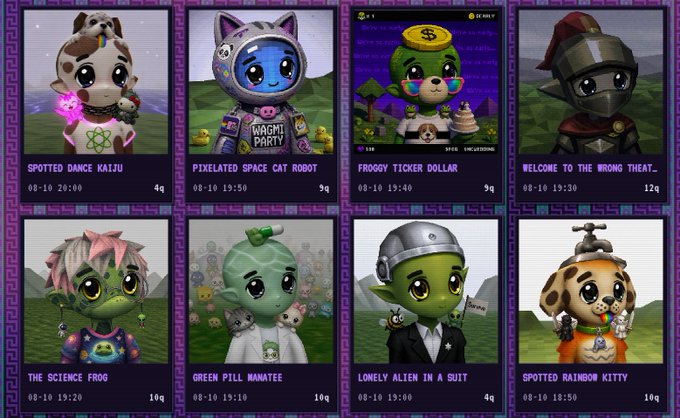 The image shows a collection of eight NFT-style character cards titled "WAGMI PARTY," featuring whimsical creatures like a "Spotted Dance Kaiju," "Pixelated Space Cat Robot," "Froggy Ticker Dollar," and "Lonely Alien in a Suit," each with timestamps and quantities (e.g., "08-10 19:40, 9q"). These quirky collectibles align with the post's playful tone about the volatile nature of meme coins, where projects often "rug" early adopters, yet creators continue launching new character-based tokens hoping for success.