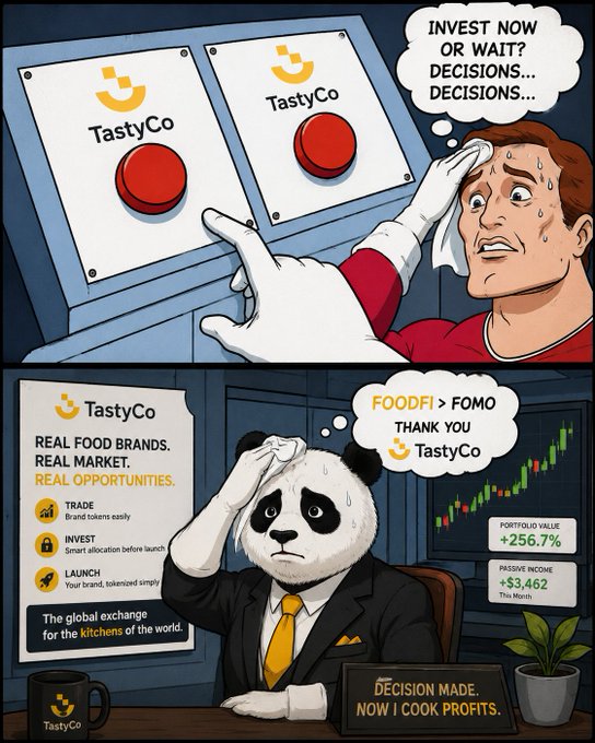 A comic-style promotional image for "TastyCo," contrasting an indecisive sweating man above with a confident panda in a suit below, advertising "REAL FOOD BRANDS. REAL MARKET. REAL OPPORTUNITIES." and a portfolio value increase of +256.7%.