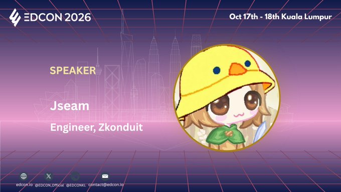 A promotional slide for EDCON 2026 in Kuala Lumpur on Oct 17th-18th, featuring speaker Jseam, an Engineer at Zkonduit, alongside a duck-hat cartoon character.