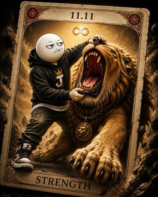A stylized tarot card titled "STRENGTH" with the number 11.11 depicts a hooded figure with a minimalist face grabbing a roaring lion by the jaws, wearing a "J" pendant.