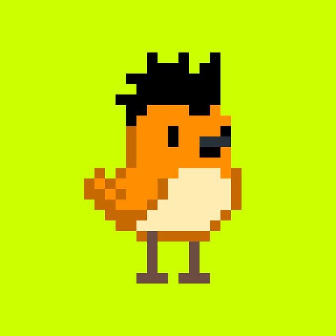 A pixel art illustration of an orange bird with black spiky hair, a cream-colored belly, and brown legs standing against a bright green background.