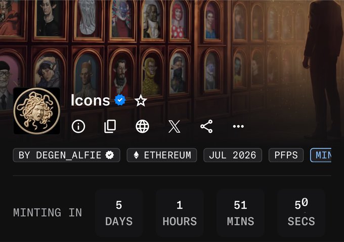 A digital art collection page titled "Icons" by @degen_alfie on Ethereum, set to mint in 5 days, 1 hour, 51 minutes, and 50 seconds, displays framed portrait artworks in a gallery setting with a hooded figure walking past. The image showcases the mint details and countdown for "theiconsart" NFT collection, aligning with the post's announcement of an August 5th launch.