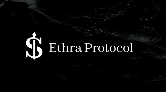 A dark, moody image showing a stylized '$' logo alongside the text 'Ethra Protocol' against a rocky black background.
