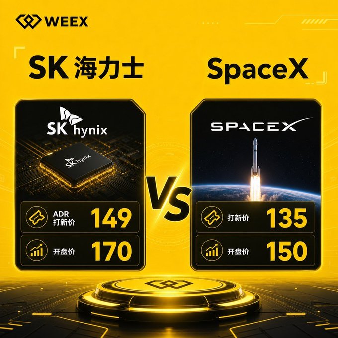 A WEEX promotional graphic comparing SK 海力士 (SK hynix) at ADR 149 / 开盘价 170 versus SpaceX at 135 / 开盘价 150.