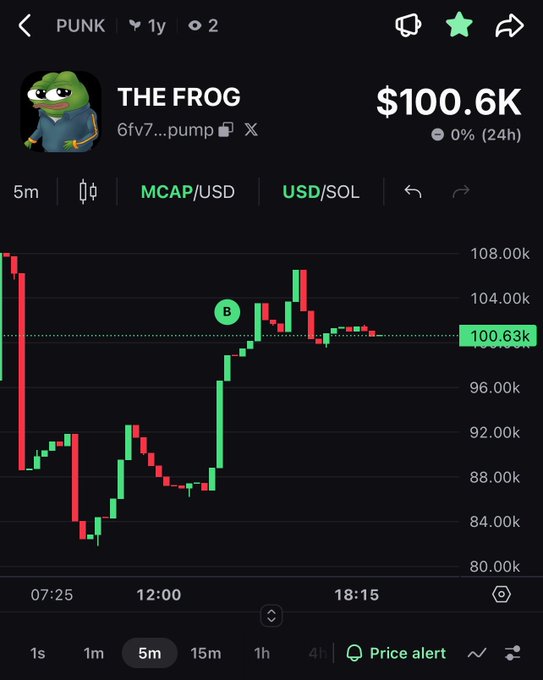 A cryptocurrency tracking app screenshot showing a token called 'PUNK' nicknamed 'THE FROG' (6fv7...pump on X) with a market cap of $100.6M and a candlestick price chart around $100.63k.