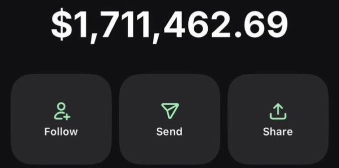 The image displays a balance of **$1,711,462.69** with options to Follow, Send, and Share, suggesting it's a screenshot from a crypto wallet or payment app. Paired with the giveaway post soliciting Solana ($SOL) addresses, it likely shows the prize pool being offered to participants who like, retweet, and follow within the 12-hour window.