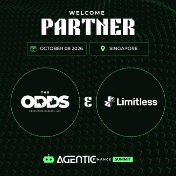 A promotional graphic welcoming 'Partner' to an event on October 08, 2026 in Singapore, featuring logos for 'THE ODDS', 'Limitless', and the 'AGENTIC FINANCE SUMMIT' on a dark textured background.