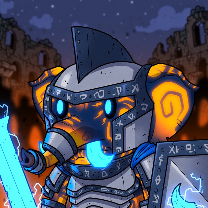 An illustration of a fierce armored warrior elephant with glowing blue eyes and orange flames emanating from its body, wielding a blue lightning sword, with runes inscribed on its armor.