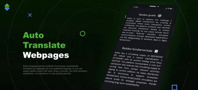 Promotional graphic for 'Beldex' featuring text 'Auto Translate Webpages' on the left and a mobile phone screen showing 'Beldex goals' and 'Beldex fundamentals' documentation on the right, against a dark green background.