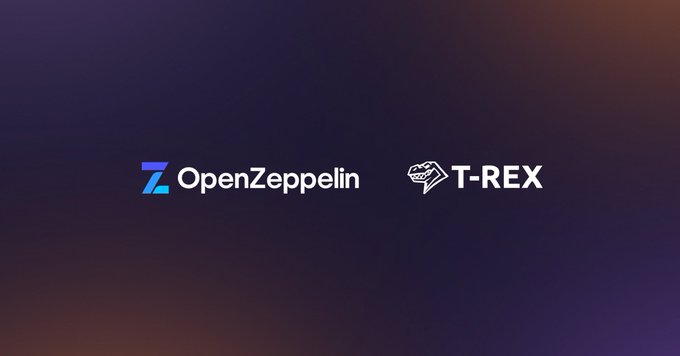 Logos for 'OpenZeppelin' and 'T-REX' appear side by side against a dark gradient background.