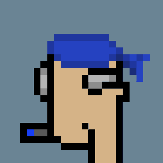 A simple 8-bit pixel art drawing of a character's profile wearing a blue cap against a solid light blue background.