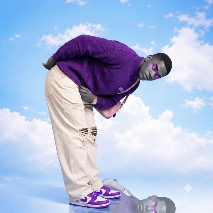 A stylized photograph shows a person wearing a purple sweater and ripped white pants bending forward against a cloudy blue sky, with their face edited in grayscale except for glowing purple eyes and lipstick.