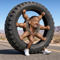 A muscular cartoon figure flexes inside a giant tire on a desert road, embodying the "$WHEELSMITH" meme token's automotive branding, with the tire serving as a literal and playful nod to the token's name alongside its tokenized $TSLA pairing on Robinhood Chain.