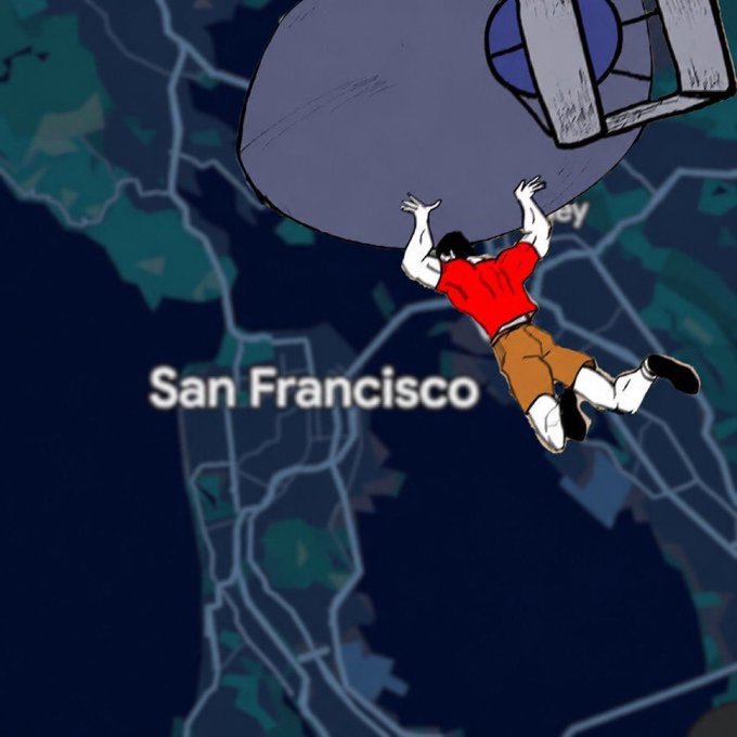 An illustration of a person in a red shirt and brown shorts being lifted by a giant hand over a map of San Francisco.