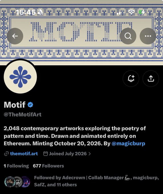 A Twitter profile page for "Motif" (@TheMotifArt), describing the project as "2,048 contemporary artworks exploring the poetry of pattern and time. Drawn and animated entirely on Ethereum. Minting October 20, 2026. By @magicburp".