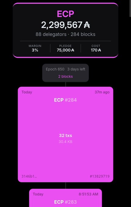 A digital dashboard displaying blockchain statistics including 'ECP', '2,299,567 A', '88 delegators', '284 blocks', 'Epoch 650', and an 'ECP #284' block.