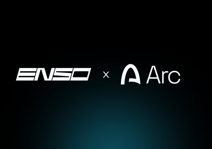 The image displays the logos "ENSO" and "Arc" side by side with an "×" symbol between them on a dark background, visually representing the partnership announcement that Enso is now live on Arc Mainnet, enabling developers to move liquidity, build leveraged strategies, and execute DeFi operations from Day 1.