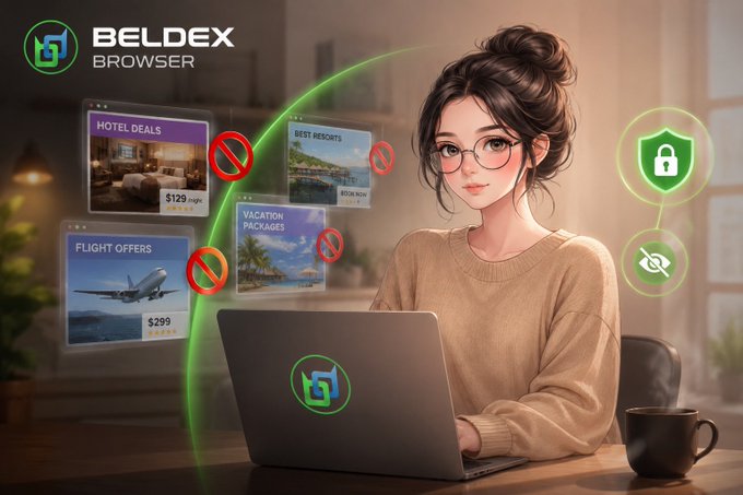 Promotional graphic for 'BELDEX BROWSER' featuring an illustrated woman with glasses using a laptop, surrounded by floating ad cards (Hotel Deals, Best Resorts, Flight Offers, Vacation Packages) marked with red prohibition symbols, highlighting privacy features with green shield and eye icons.