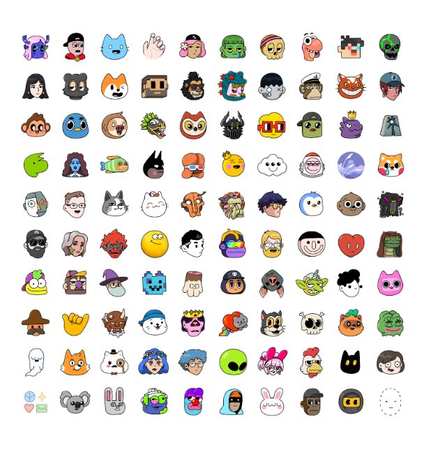 A grid collection of 100 small, colorful cartoon icons and emoticons featuring various characters, animals, and faces.