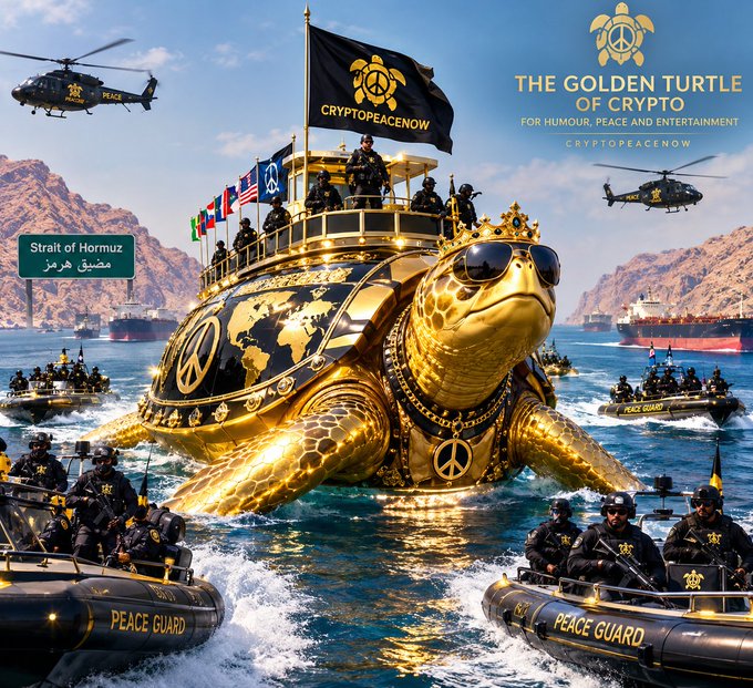 A surreal promotional image featuring a giant golden turtle ship flying a 'CRYPTOPEACENOW' flag, escorted by helicopters and 'PEACE GUARD' boats in the Strait of Hormuz, advertising 'THE GOLDEN TURTLE OF CRYPTO'.