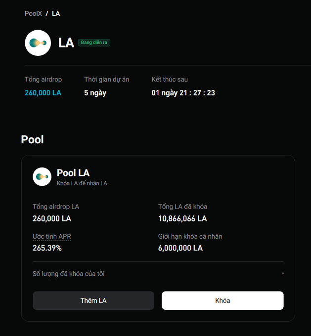 This image displays the Bitget PoolX LA campaign details, showing a total airdrop of 260,000 LA and an estimated APR of 265.39%, which aligns with the post's mention of earning rewards through the campaign.