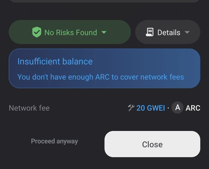 The image shows a transaction error message stating "Insufficient balance - You don't have enough ARC to cover network fees" with a network fee of "20 GWEI · ARC" and a "No Risks Found" status. The screenshot illustrates the user's confusion about needing ARC tokens to pay for gas fees, even though the ARC token may not yet be readily available or tradable to acquire.