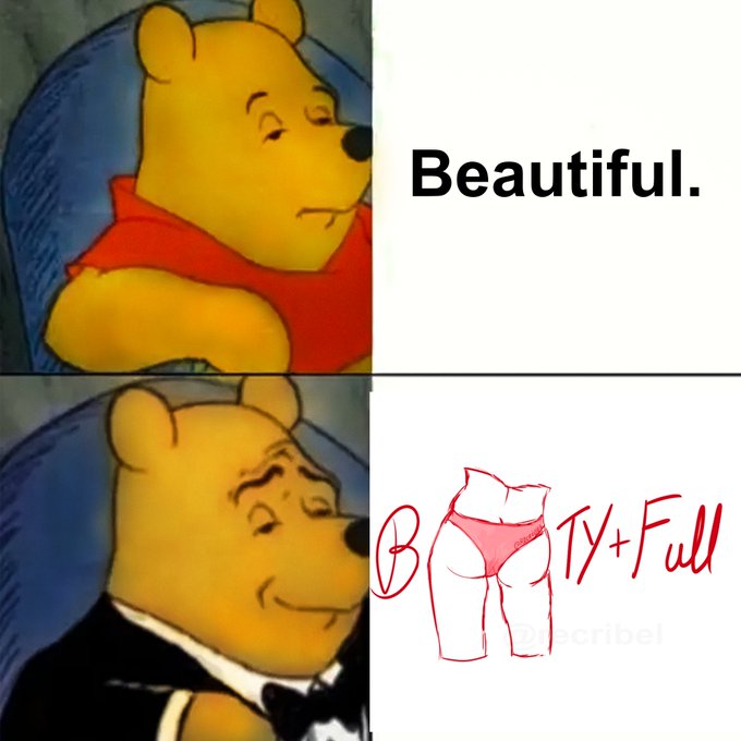 The image shows two cartoon Winnie the Pooh characters, one wearing a red shirt and the other wearing a pink underwear. The text "Beautiful" is written above them, while the word "beautiful" is also written below them. The caption reads "i spotted a fresh play that could be printing while it's still sleeping. Private circle already buzzing. Massive upside ahead."