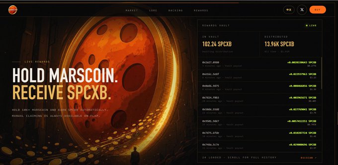 The image displays the Marscoin ($Marscoin) rewards dashboard, promoting the "HOLD MARSCOIN. RECEIVE SPCXB." incentive where holders earn $SPCXB stock rewards automatically, with the Rewards Vault showing 102.24 SPCXB pending distribution and 13.96K SPCXB already distributed across various tiered holders.