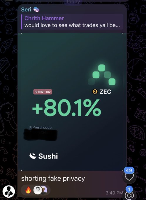 The image shows a chat conversation between two people, with one person named Seri sending a message about a sushi swap. The message reads "Shorting Fake Privacy" as part of their conversation. There are also emojis included in the text. They appear to be discussing a recent event where an AI bot was able to obtain 80% shorting privacy on the Sushi app, which would allow them to access and use premium features for free. This information is being shared with the other person in the chat.