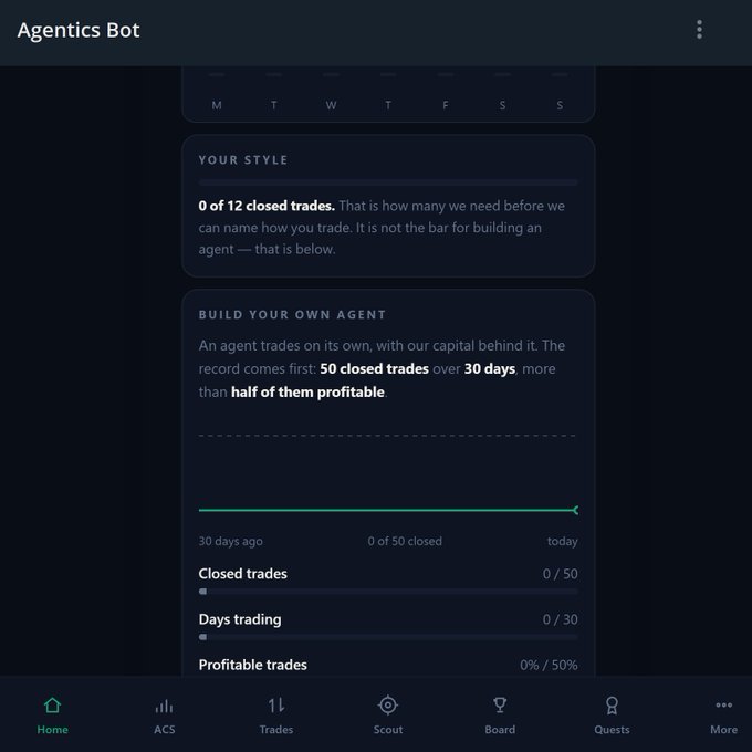 A dark-themed mobile app screenshot titled 'Agentics Bot' displaying trading progress metrics including 'YOUR STYLE' showing 0 of 12 closed trades, and a 'BUILD YOUR OWN AGENT' section requiring 50 closed trades over 30 days with half profitable. Navigation tabs include Home, ACS, Trades, Scout, Board, Quests, and More.
