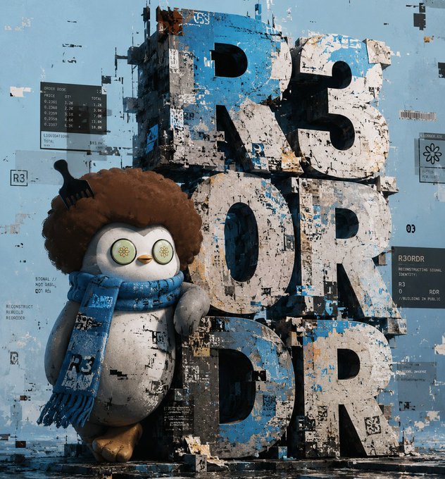 A stylized 3D illustration featuring a penguin-like character wearing a brown afro wig and blue scarf, standing next to large weathered letters spelling 'BE THE BIRD', with a distressed/glitch aesthetic.