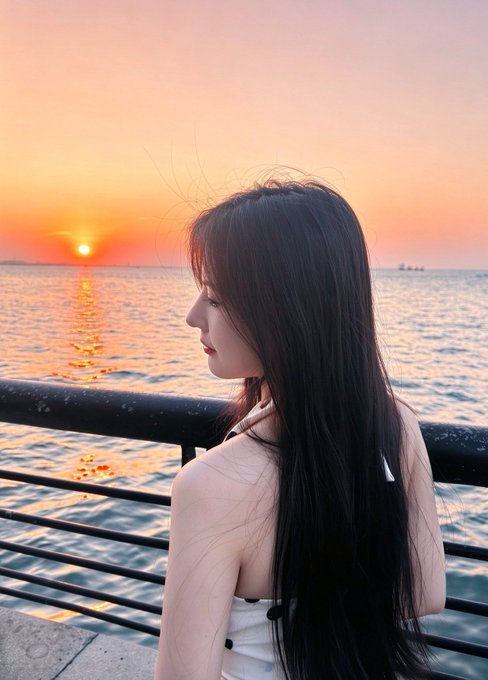 A young woman with long black hair photographed from behind, gazing at a pink and orange sunset over the ocean.