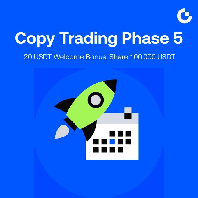 Copy Trading Phase 5 is live with a 20 USDT welcome bonus and a chance to share a 100,000 USDT prize pool, illustrated by a rocket launching from a calendar.