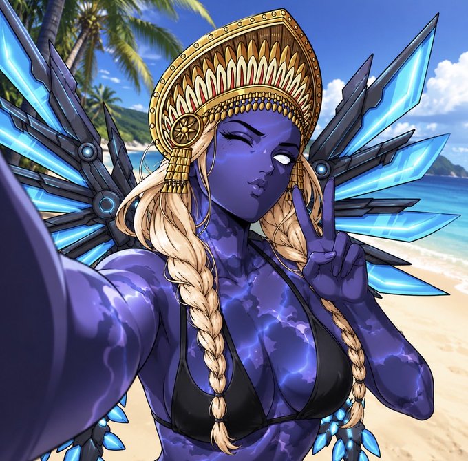 An anime-style illustration of a blue-skinned character with blonde braids, crystal wings, and a golden headdress making a peace sign on a tropical beach.