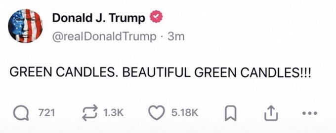 The image shows a tweet from Donald J. Trump's verified account (@realDonaldTrump) posted 3 minutes ago, reading "GREEN CANDLES. BEAUTIFUL GREEN CANDLES!!!" with 721 comments, 1.3K retweets, and 5.18K likes. The post refers to the anticipation of rising stock prices (green candles being bullish market indicators) starting Monday, with the shortened tweet version preserving the enthusiastic message about upcoming market gains.