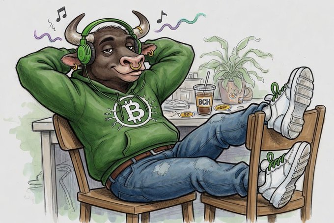 A cartoon illustration of an anthropomorphic bull wearing a green Bitcoin hoodie and headphones, lounging with feet up on a chair at a desk, with a coffee cup labeled "BCH" and music notes floating around.