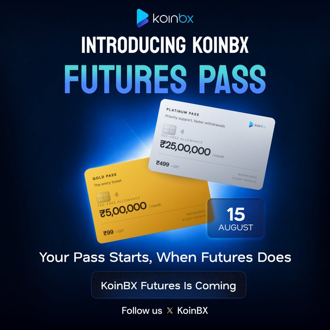 KoinBX promotes the upcoming launch of its "Futures Pass" subscription program, featuring a Gold Pass (₹99 + GST/month, zero-fee trading up to ₹5,00,000) and Platinum Pass (₹499 + GST/month, zero-fee trading up to ₹25,00,000), with the platform going live on August 15.