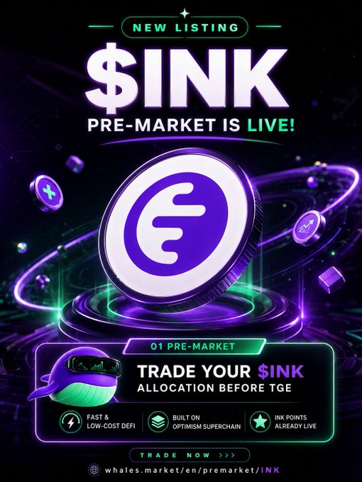 A promotional graphic announces "$INK Pre-Market is LIVE!" with a glowing purple 3D token at its center, surrounded by an orbiting futuristic platform, and features a cartoon whale mascot wearing VR goggles promoting pre-market trading of $INK allocation before the TGE on Optimism Superchain, with the link whales.market/en/premarket/INK.