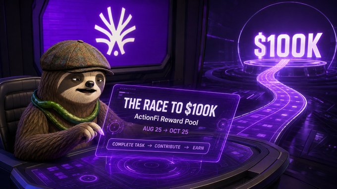 Promotional image for 'The Race to $100K' ActionFi Reward Pool running August 25 to October 25, featuring a sloth character wearing a flat cap and scarf in a futuristic purple setting.